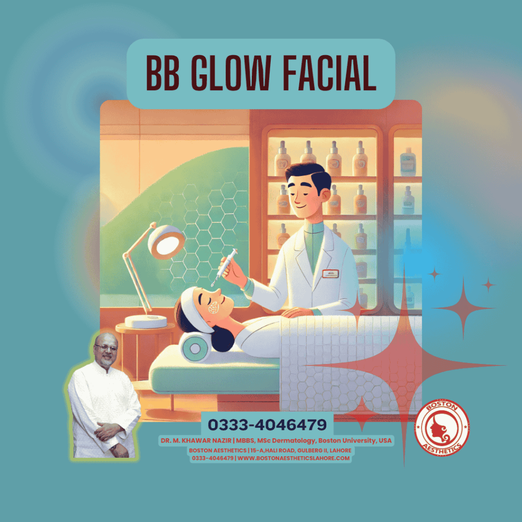 BB Glow Facial treatment image showing a dermatologist performing the procedure on a patient. The treatment highlights skin rejuvenation, even skin tone, and radiant results. Contact details for Dr. M. Khawar Nazir, an American-trained dermatologist at Boston Aesthetics Lahore, are included.