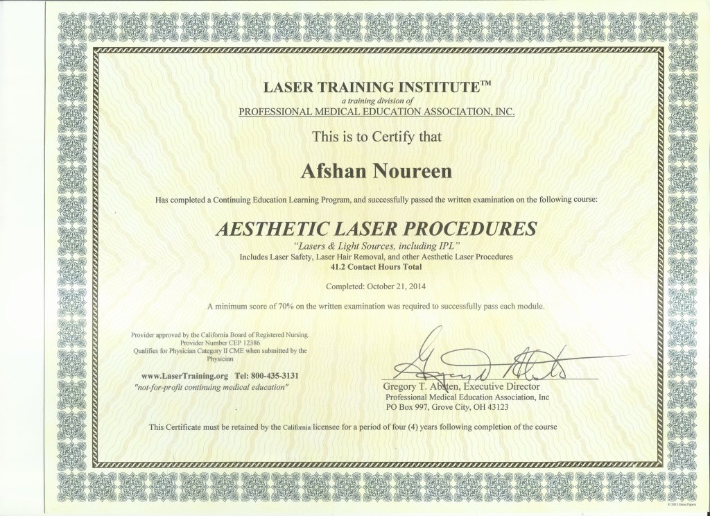 Certificate of Aesthetic Laser Procedures earned by Afshan Noureen, a qualified American-trained female laser therapist, offering the best laser hair removal services in Lahore at Boston Aesthetics.