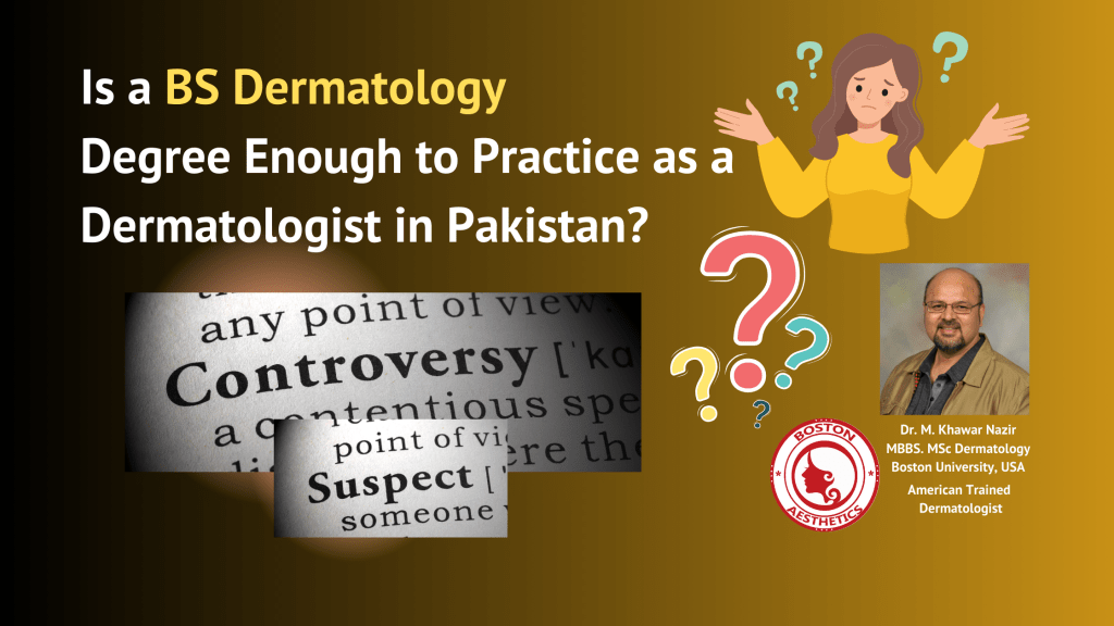 A blog post banner questioning whether a BS Dermatology degree is sufficient for practicing dermatology in Pakistan. The image includes a concerned illustration of a woman, question marks, and the word "Controversy." Dr. M. Khawar Nazir's photo and credentials are also displayed.