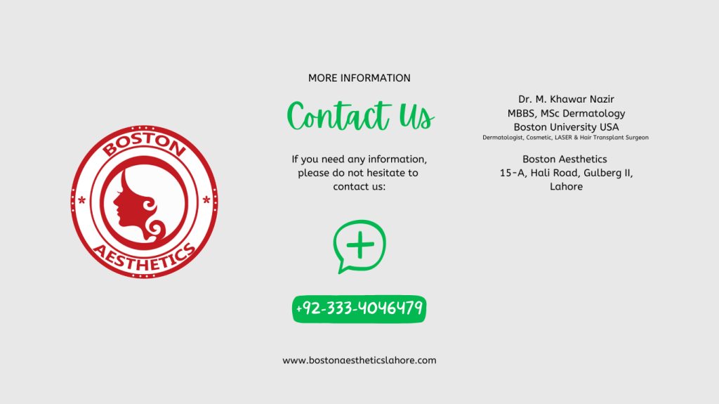 Contact us details of Dr. M. Khawar Nazir, MBBS, MSc Dermatology, Boston University, USA
Dermatologist, Cosmetic, LASER & Hair Transplant Surgeon
