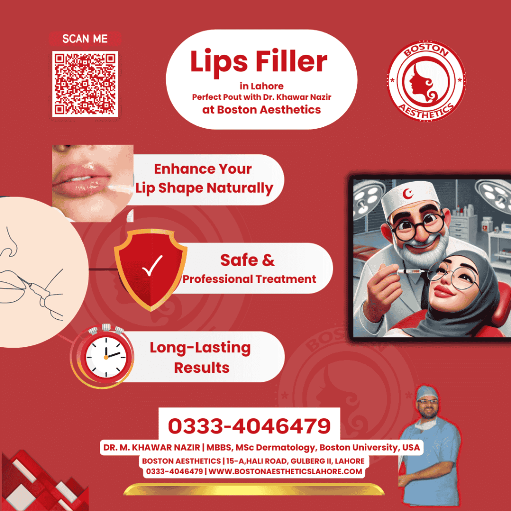 Promotional graphic for lip filler treatments at Boston Aesthetics Lahore, featuring Dr. M. Khawar Nazir. Includes visuals of lip enhancement, safety shield icon, clock for long-lasting results, and an image of Dr. Nazir performing a procedure in a clinical setting. Contact details and branding are prominently displayed.