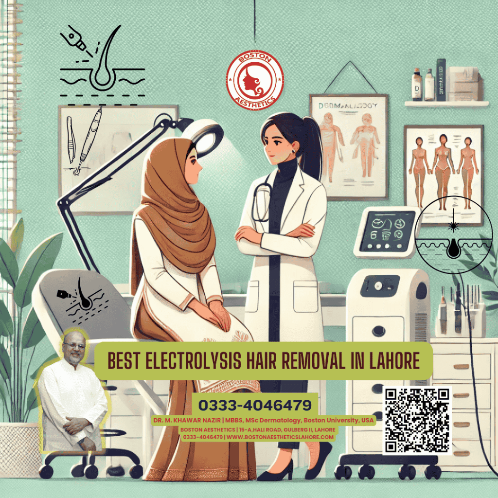 Illustration of electrolysis hair removal services in Lahore featuring a modestly dressed female patient and a female dermatologist in a professional clinic setting. The image includes the Boston Aesthetics logo, contact details, and visuals of electrolysis equipment with informative icons.
