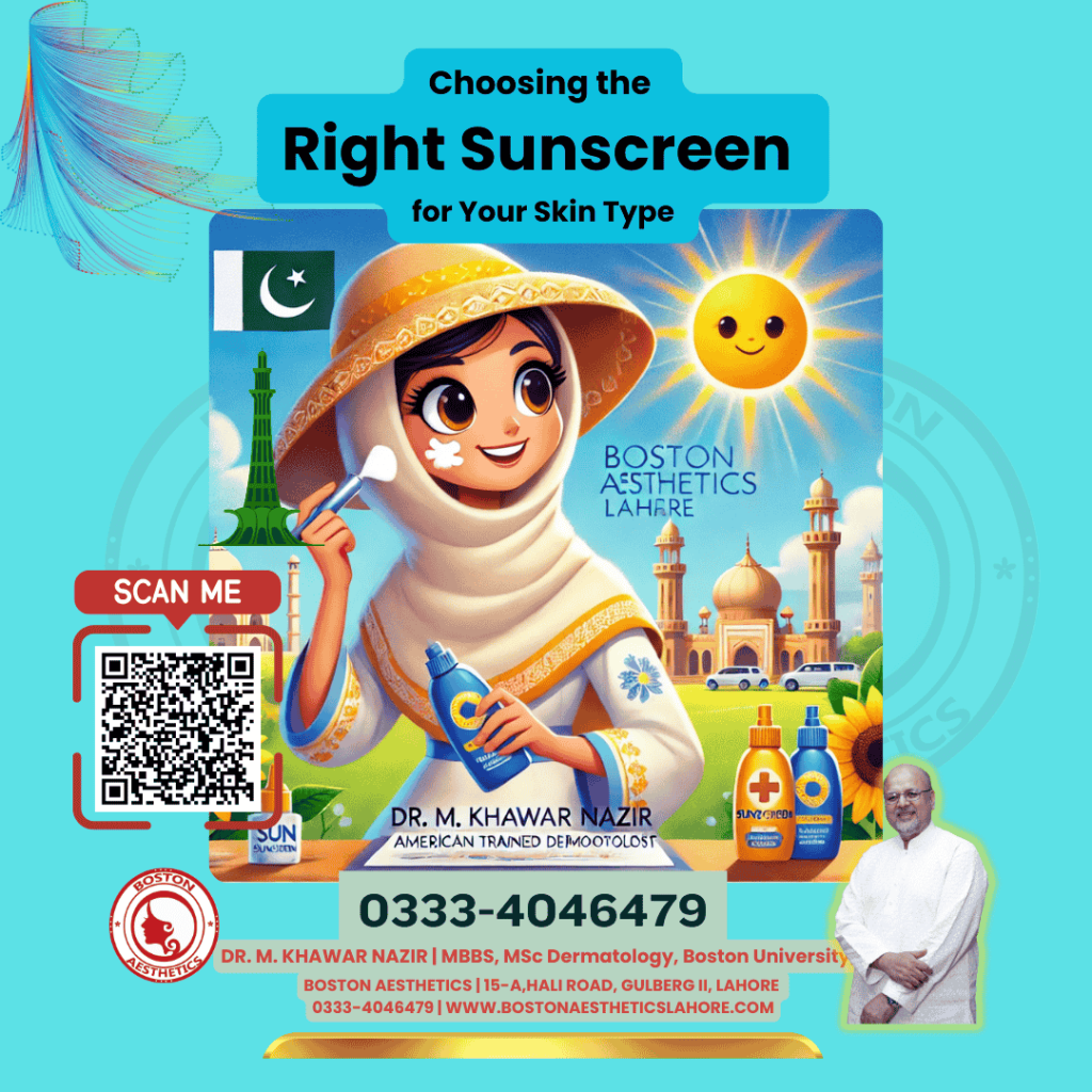 Pixar-style illustration showing a modestly dressed character applying sunscreen in a sunny outdoor setting. Featuring Dr. M. Khawar Nazir, American Trained Dermatologist at Boston Aesthetics Lahore, with sunscreen products and the clinic's logo. The character is smiling and applying sun protection, emphasizing the importance of sun safety and skincare.