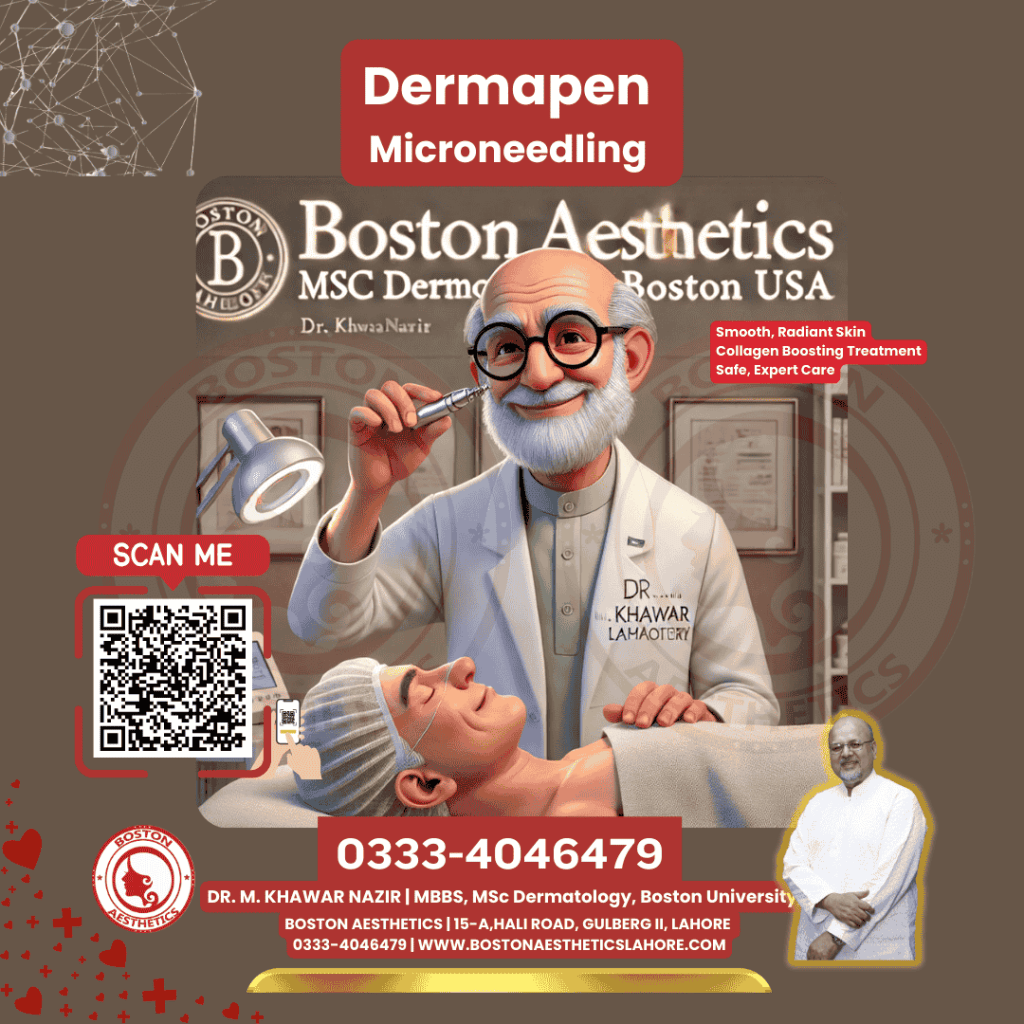 Infographic showcasing Dermapen Microneedling at Boston Aesthetics Lahore by Dr. M. Khawar Nazir. Features benefits like smoother skin, collagen boosting, and expert care. Includes clinic details, contact number, and a QR code for appointments.