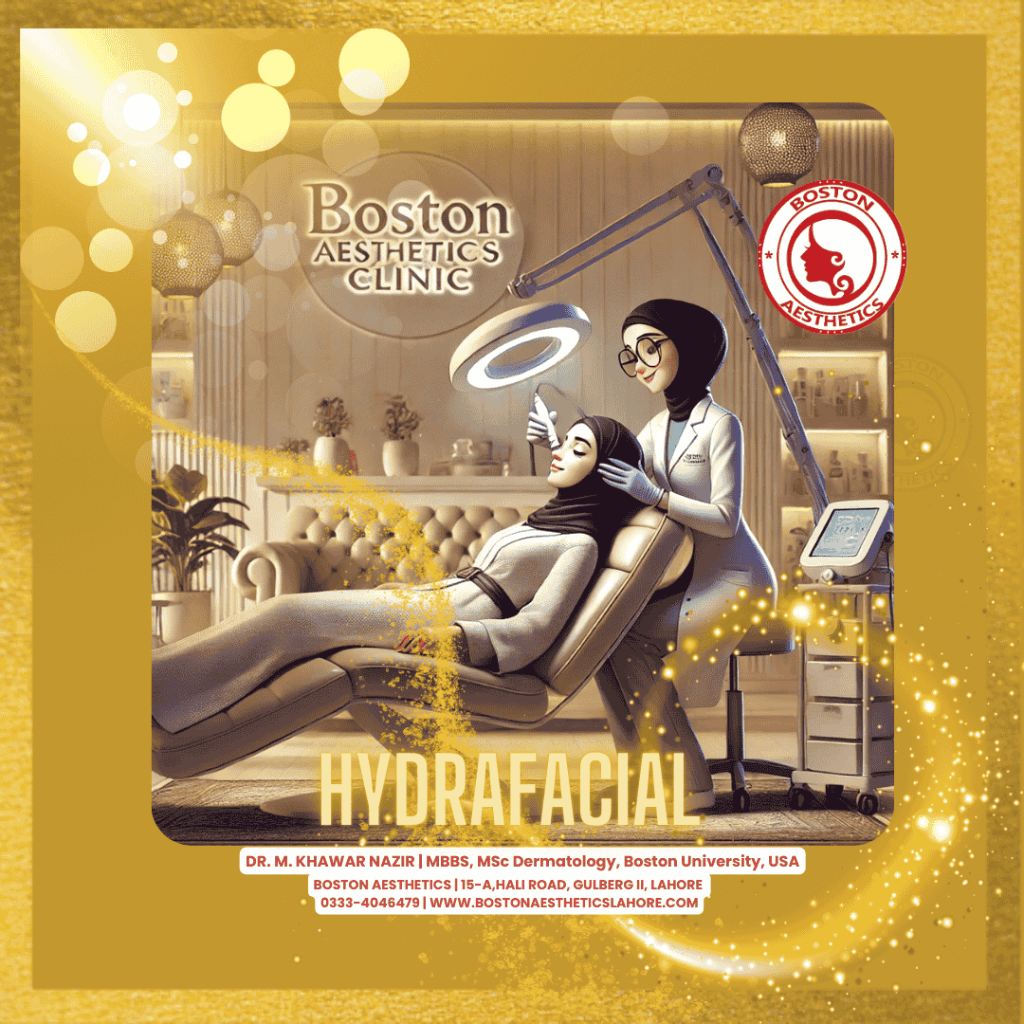 A professional dermatologist in a hijab performs a Hydrafacial procedure on a patient at Boston Aesthetics Clinic in Lahore. The image features a relaxing, modern clinic setup with advanced skincare equipment, promoting glowing and rejuvenated skin.