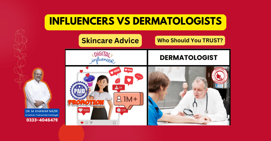 Split-screen comparison image showing a social media influencer promoting skincare products with paid promotions and a certified dermatologist offering expert skincare consultation
