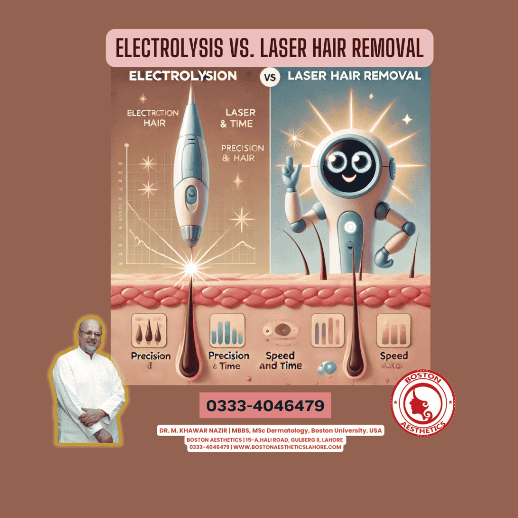 Comparison of electrolysis and laser hair removal treatments with illustrations. The image highlights precision, speed, and effectiveness for hair removal, provided by Dr. M. Khawar Nazir at Boston Aesthetics Clinic, Lahore.