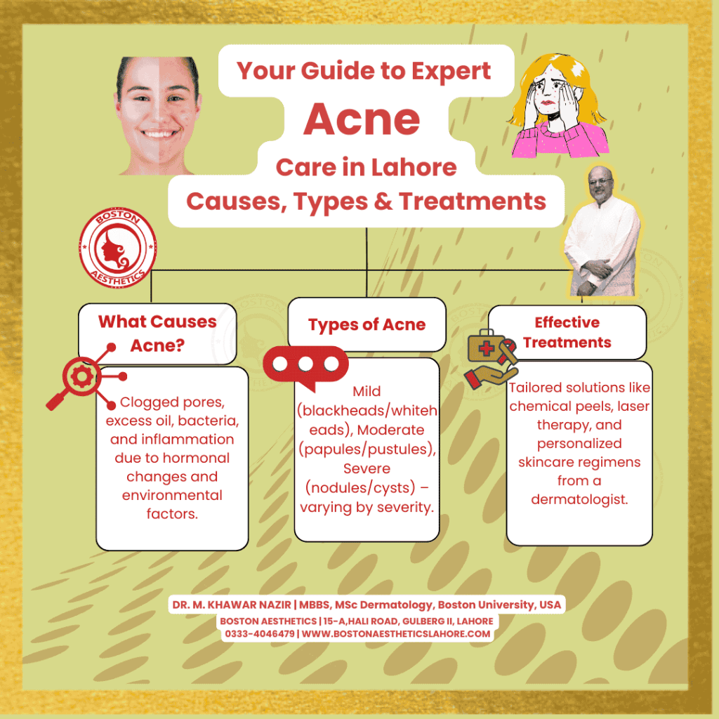 Infographic detailing expert acne care in Lahore by Dr. M. Khawar Nazir, covering causes, types (mild, moderate, severe), and effective treatments.