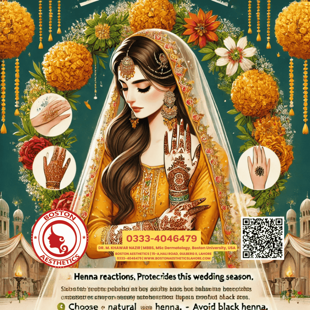 Infographic highlighting safety tips for avoiding chemical henna reactions by Dr. M. Khawar Nazir, MBBS, MSc Dermatology, Boston University, USA, at Boston Aesthetics, Lahore. Features a Pakistani bride in traditional attire with henna-adorned hands and advice to use natural henna, patch test, and avoid black henna for a safe wedding season.