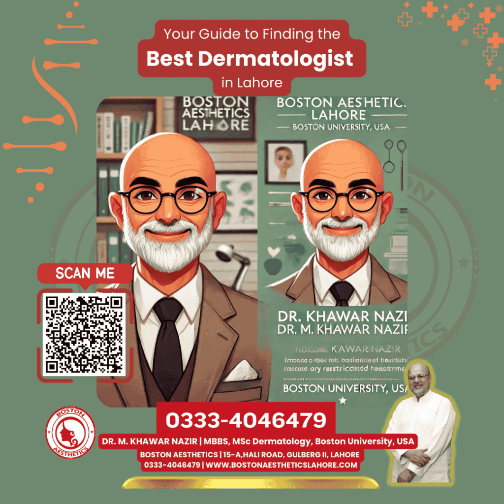 Infographic featuring Dr. M. Khawar Nazir, an experienced dermatologist from Boston University, offering professional skin and hair care treatments at Boston Aesthetics Lahore. Includes clinic details and contact information.