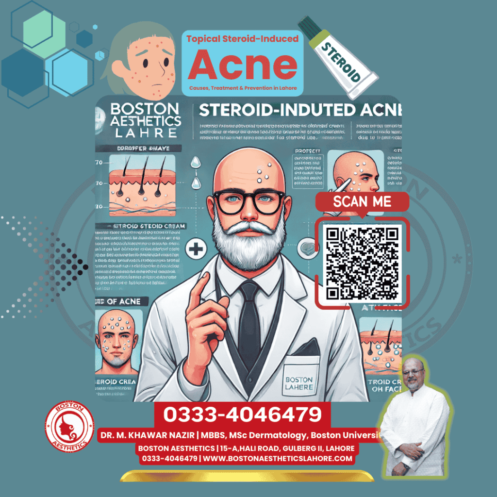 Infographic on steroid-induced acne causes, treatment, and prevention by Dr. M. Khawar Nazir, American-trained dermatologist at Boston Aesthetics Lahore. Includes details on proper steroid cream application and tips for skin healing.