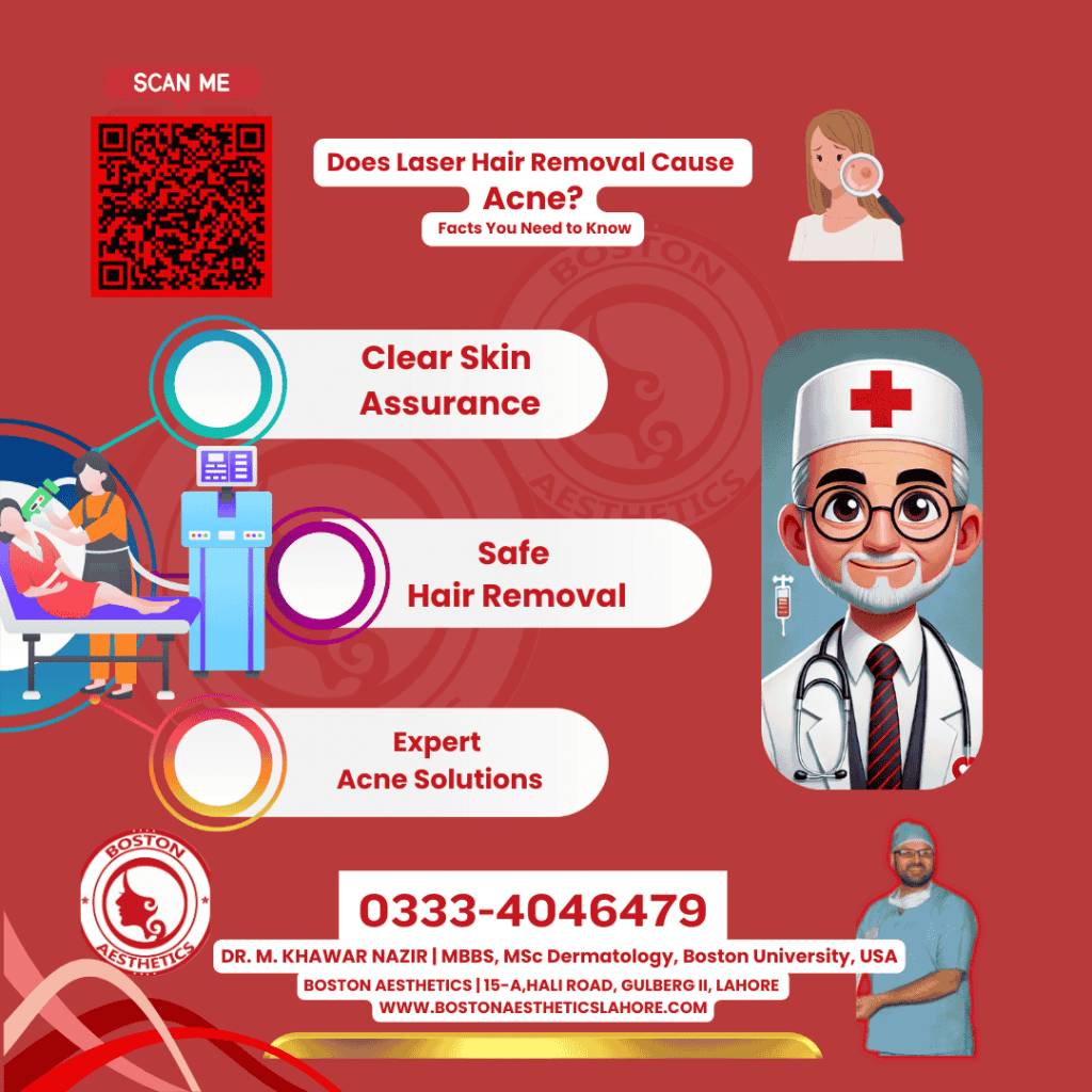Infographic featuring Dr. M. Khawar Nazir, a mature Pakistani dermatologist, addressing the effects of laser hair removal on acne. Learn about safe treatments and expert acne solutions at Boston Aesthetics in Lahore.