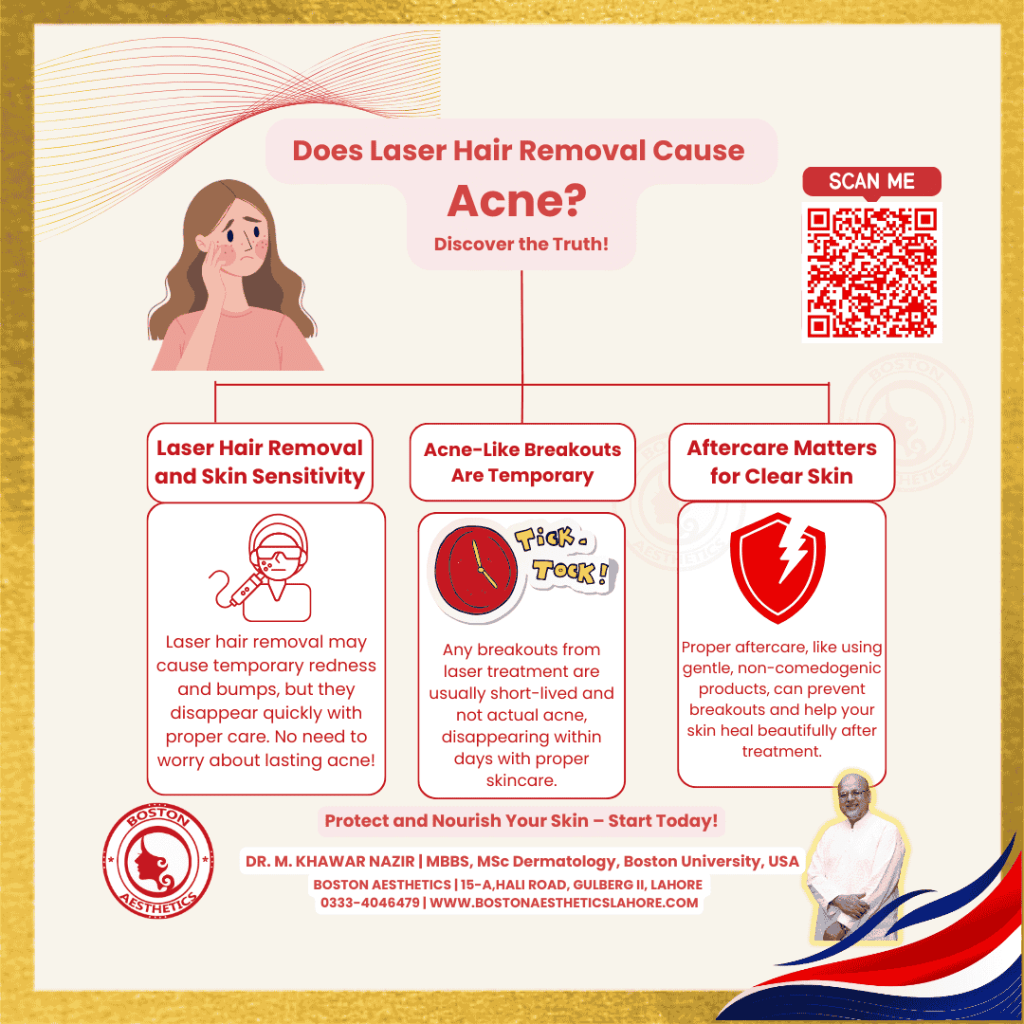 Infographic explaining whether laser hair removal causes acne. Learn about temporary redness, short-lived breakouts, and essential aftercare tips for clear skin, featuring Dr. M. Khawar Nazir, American-trained dermatologist in Lahore.
