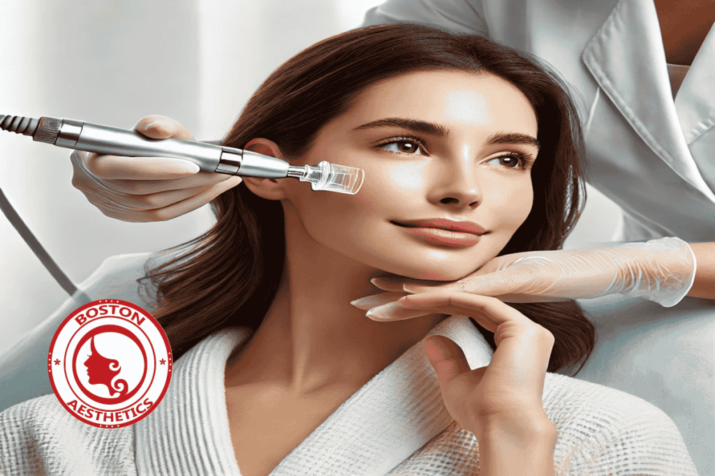 A woman receiving a professional HydraFacial treatment at Boston Aesthetics, Lahore. The dermatologist uses an advanced HydraFacial device to cleanse and hydrate her skin for a glowing, refreshed look.