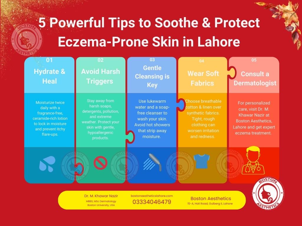 Infographic featuring 5 Essential Tips for Managing Eczema-Prone Skin in Lahore by Dr. M. Khawar Nazir at Boston Aesthetics, Lahore. The infographic highlights hydration, avoiding triggers, gentle cleansing, soft fabrics, and dermatological consultation as the best ways to soothe and protect eczema-prone skin. Follow these expert tips to reduce flare-ups, relieve itching, and restore skin health!