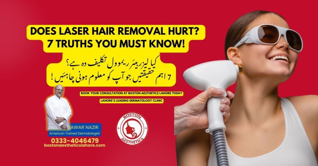 A smiling woman undergoing laser hair removal while wearing protective goggles, symbolizing a comfortable experience. Text overlay highlights 7 important facts about laser hair removal pain at Boston Aesthetics Lahore with Dr. M. Khawar Nazir's expert consultation details.