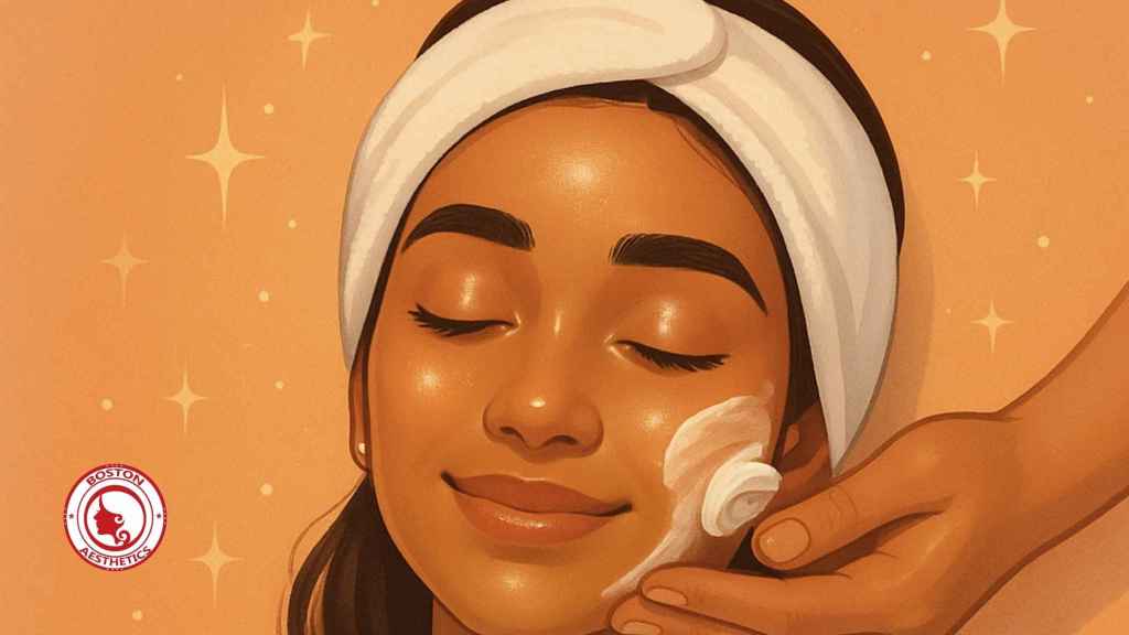 Illustration of a young South Asian woman receiving a glow facial at Boston Aesthetics Lahore, showing glowing skin, closed eyes, and serene expression with a soft background.