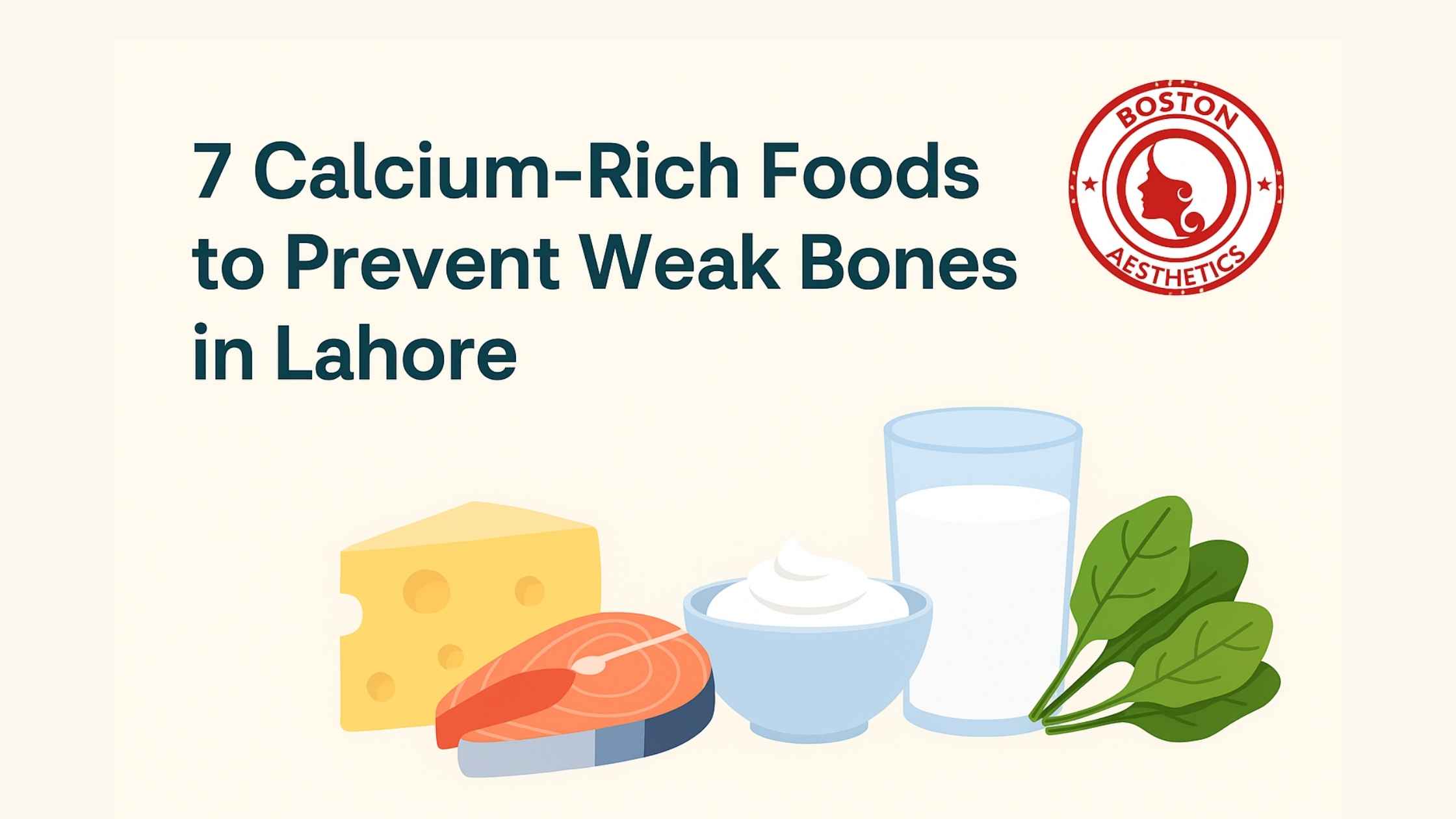 Illustration of calcium-rich foods like cheese, fish, yogurt, milk, and spinach with Boston Aesthetics logo, highlighting bone strength awareness in Lahore