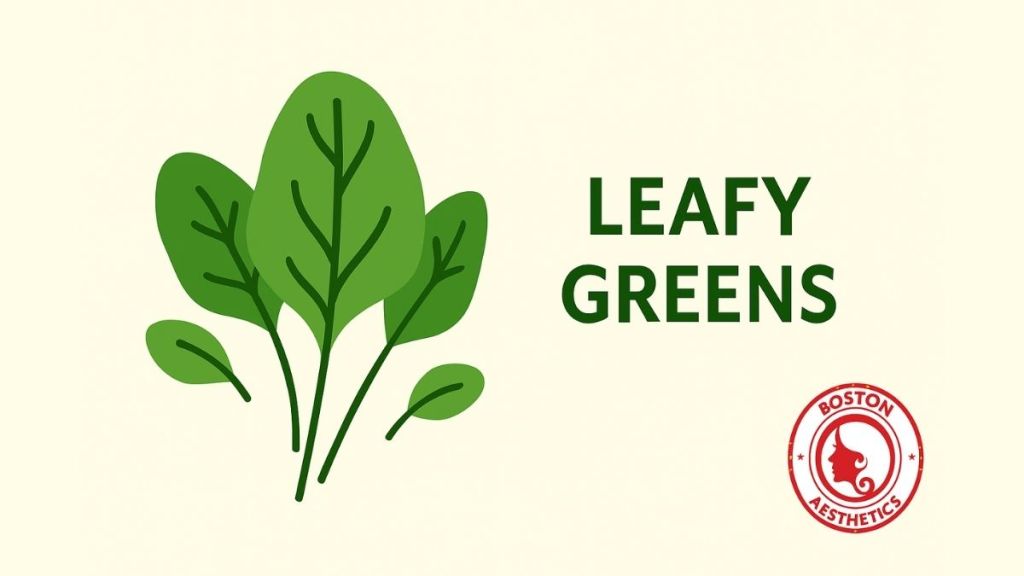 Minimalist illustration of green leafy vegetables like spinach, kale, and methi with Boston Aesthetics logo, promoting bone strength through natural calcium sources in Lahore.