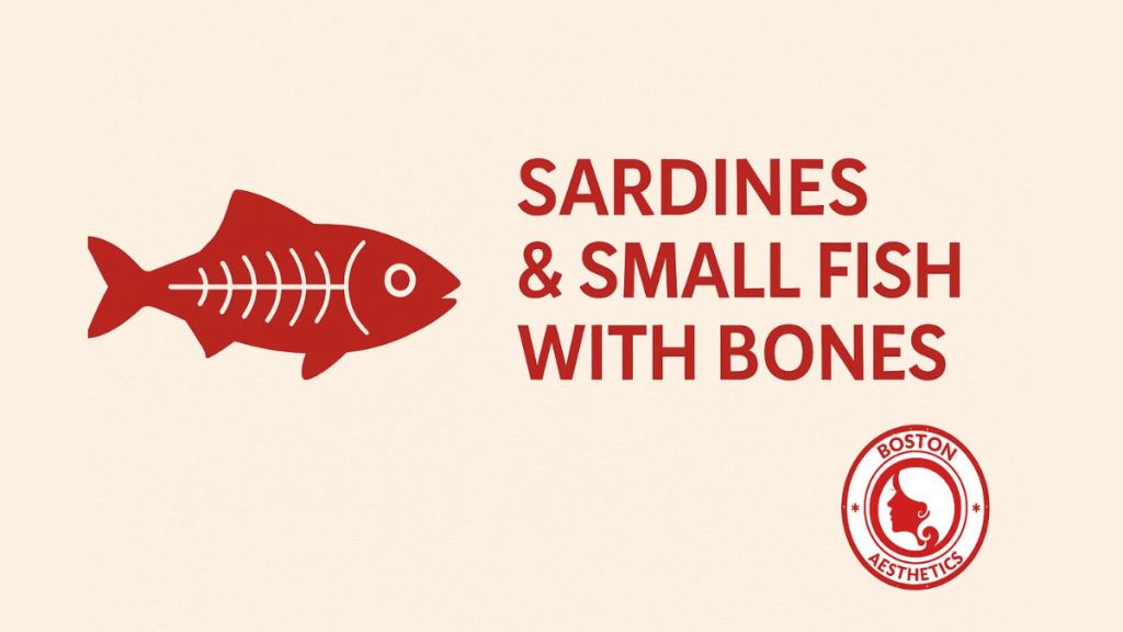 Minimalist red fish illustration with visible bones and Boston Aesthetics logo, promoting calcium-rich sardines and small fish for strong bones in Lahore.