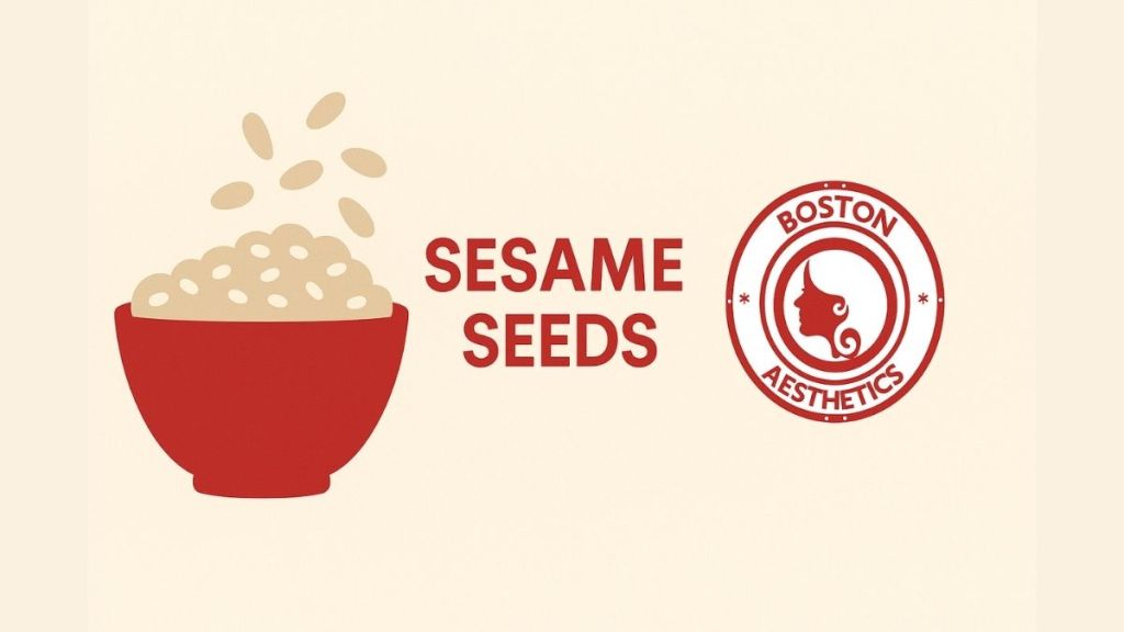 Minimalist red bowl filled with calcium-rich sesame seeds (til) and Boston Aesthetics logo promoting natural bone health awareness in Lahore.