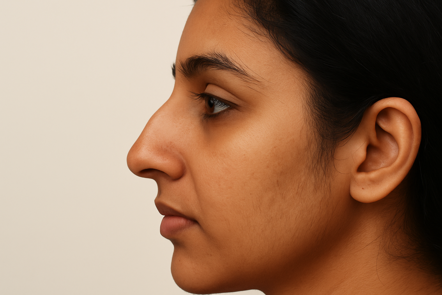 Profile view of a Pakistani woman highlighting nasal shape before non surgical nose reshaping with HA fillers at Boston Aesthetics Lahore