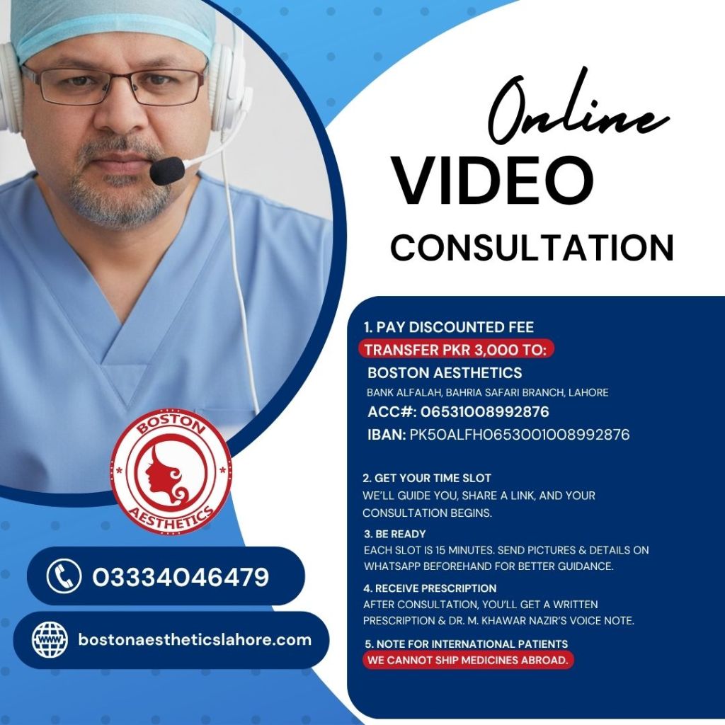 Informational poster for online video consultations with Dr. M. Khawar Nazir, American-trained dermatologist at Boston Aesthetics Lahore. Includes secure payment details, appointment booking steps, and contact information.