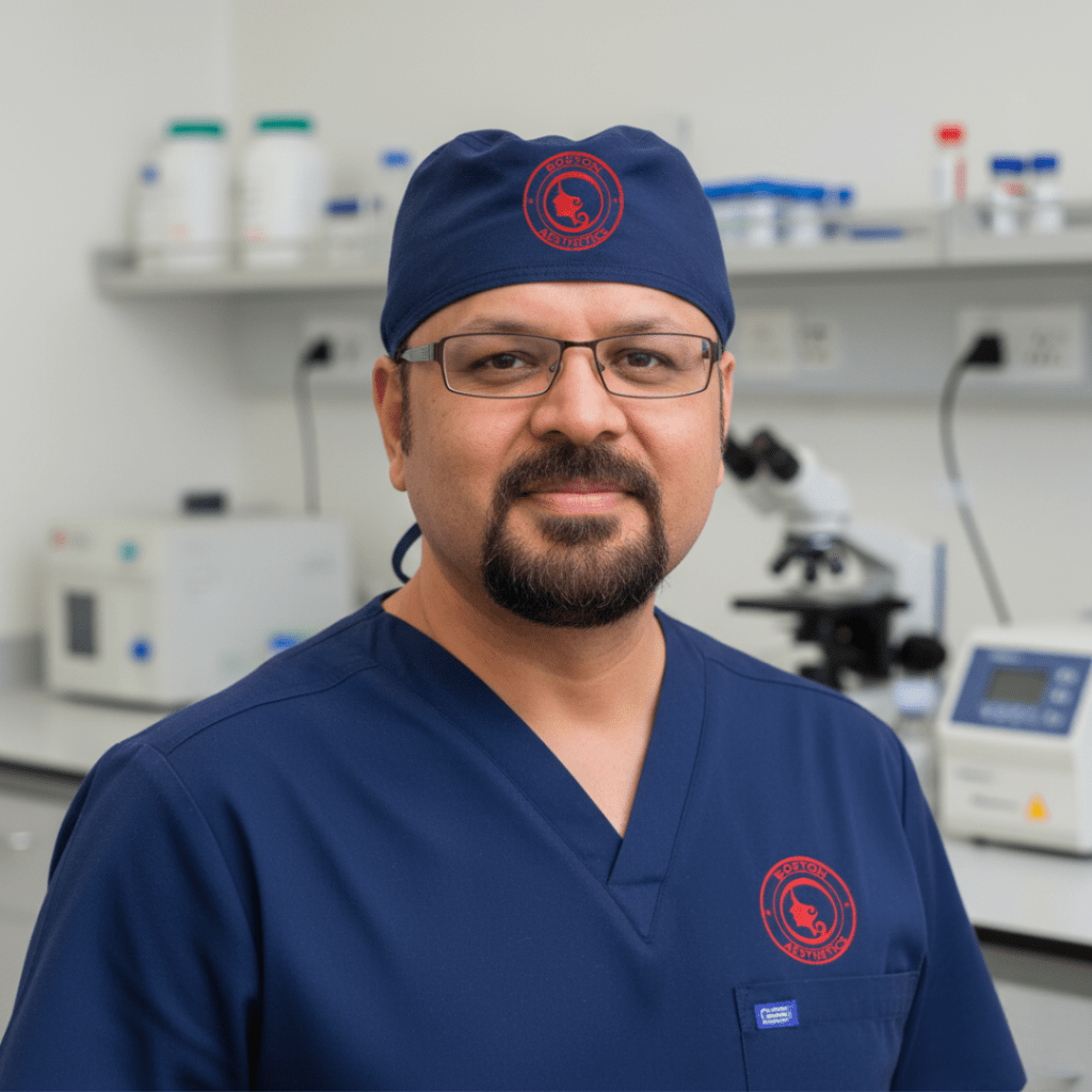 Dr. M. Khawar Nazir, American-trained dermatologist from Boston University, wearing navy-blue medical scrubs with Boston Aesthetics logo in a modern dermatology clinic in Lahore.