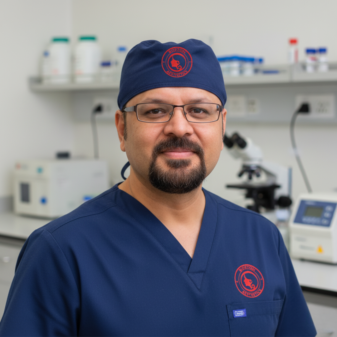 Dr. M. Khawar Nazir, American-trained dermatologist from Boston University, wearing navy-blue medical scrubs with Boston Aesthetics logo in a modern dermatology clinic in Lahore.