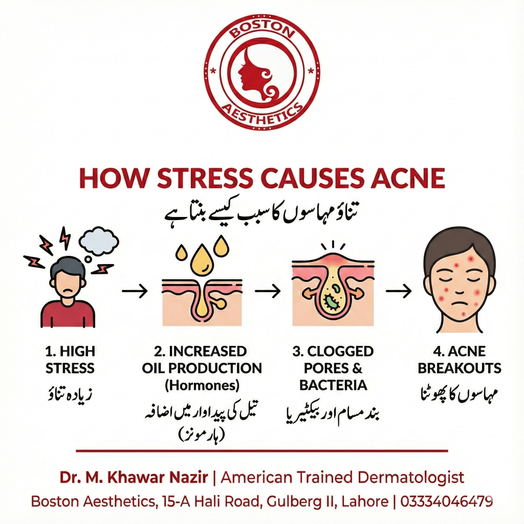 Bilingual (English–Urdu) infographic by Boston Aesthetics Lahore explaining how stress can worsen acne: high stress → increased oil production (hormonal changes) → clogged pores and bacterial overgrowth → acne breakouts. Includes clinic branding and doctor details.