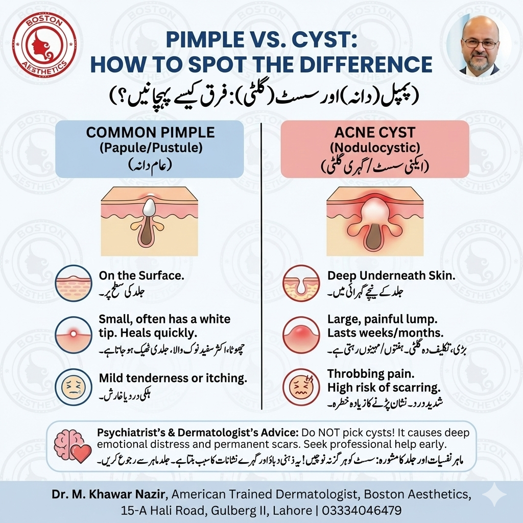 Bilingual (English–Urdu) infographic titled “Pimple vs. Cyst: How to Spot the Difference” by Boston Aesthetics, Lahore. It compares a common pimple (papule/pustule) that is surface-level, smaller, heals faster, and may cause mild tenderness/itching versus an acne cyst (nodulocystic) that is deeper, larger, more painful, lasts weeks to months, and carries higher scarring risk. Includes advice not to pick and to seek early dermatology care, with Dr. M. Khawar Nazir branding and contact.