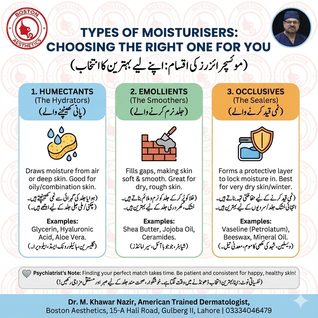 Bilingual (English–Urdu) skincare infographic by Boston Aesthetics Lahore explaining three types of moisturisers—humectants, emollients, and occlusives—with simple benefits and examples (glycerin/hyaluronic acid/aloe vera; shea butter/jojoba oil/ceramides; petrolatum/mineral oil/beeswax). Includes clinic branding and doctor photo.