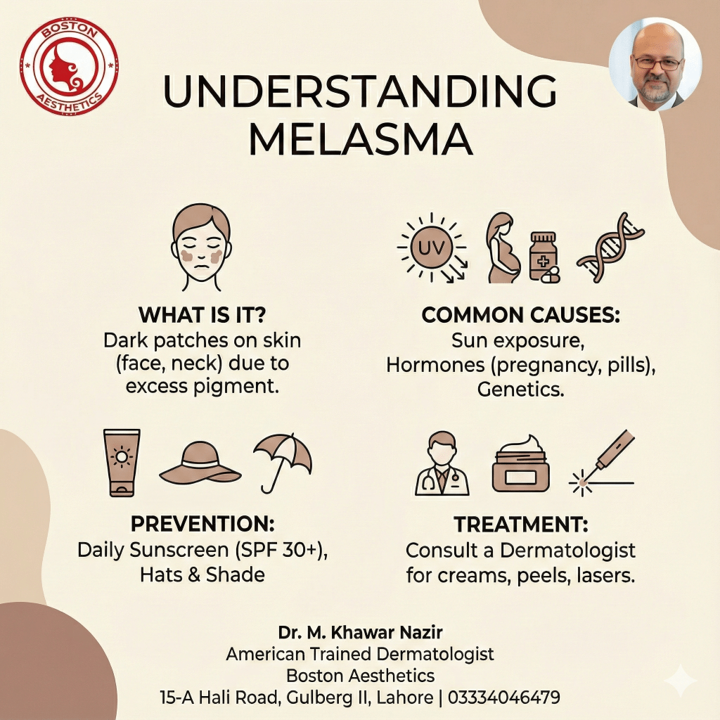 Infographic by Boston Aesthetics Lahore titled “Understanding Melasma.” Explains melasma as dark patches on face/neck due to excess pigment; common causes include sun exposure, hormones (pregnancy, oral contraceptive pills) and genetics; prevention includes daily sunscreen SPF 30+, hats and shade; treatment involves consulting a dermatologist for topical creams, chemical peels and laser options. Includes clinic logo, doctor photo, address and phone/WhatsApp.